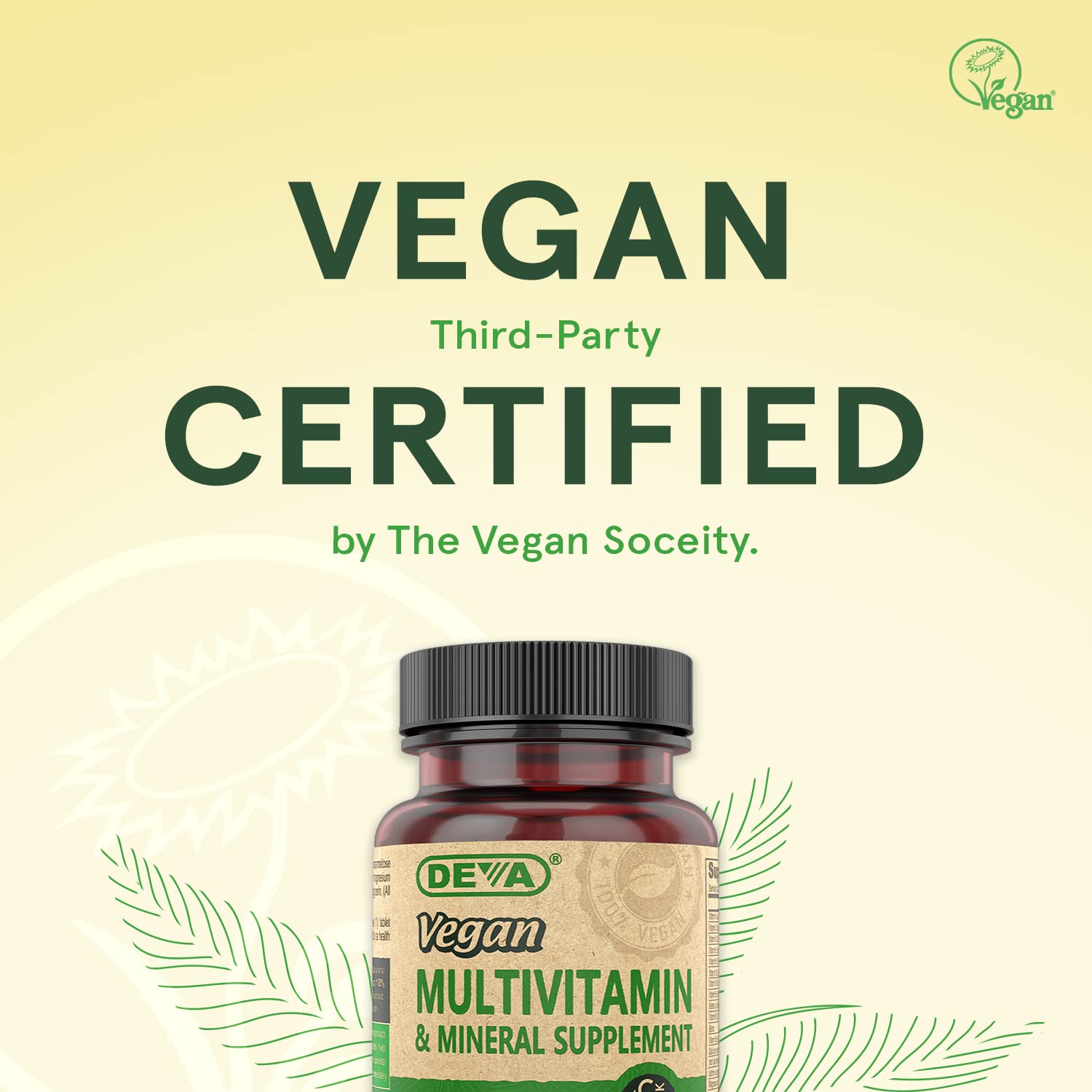 DEVA Tiny Tablets vegan certification seal confirming animal-free vitamins