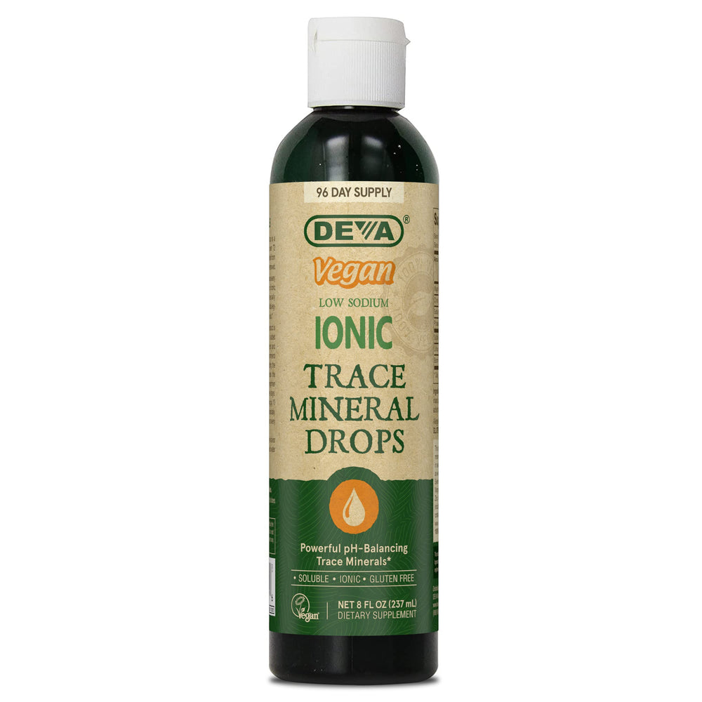 DEVA Trace Mineral Drops bottle on counter; easy add to juice for daily mineral support.