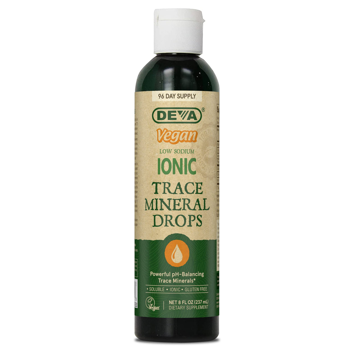 DEVA Trace Mineral Drops bottle on counter; easy add to juice for daily mineral support.