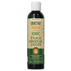 DEVA Trace Mineral Drops bottle on counter; easy add to juice for daily mineral support.