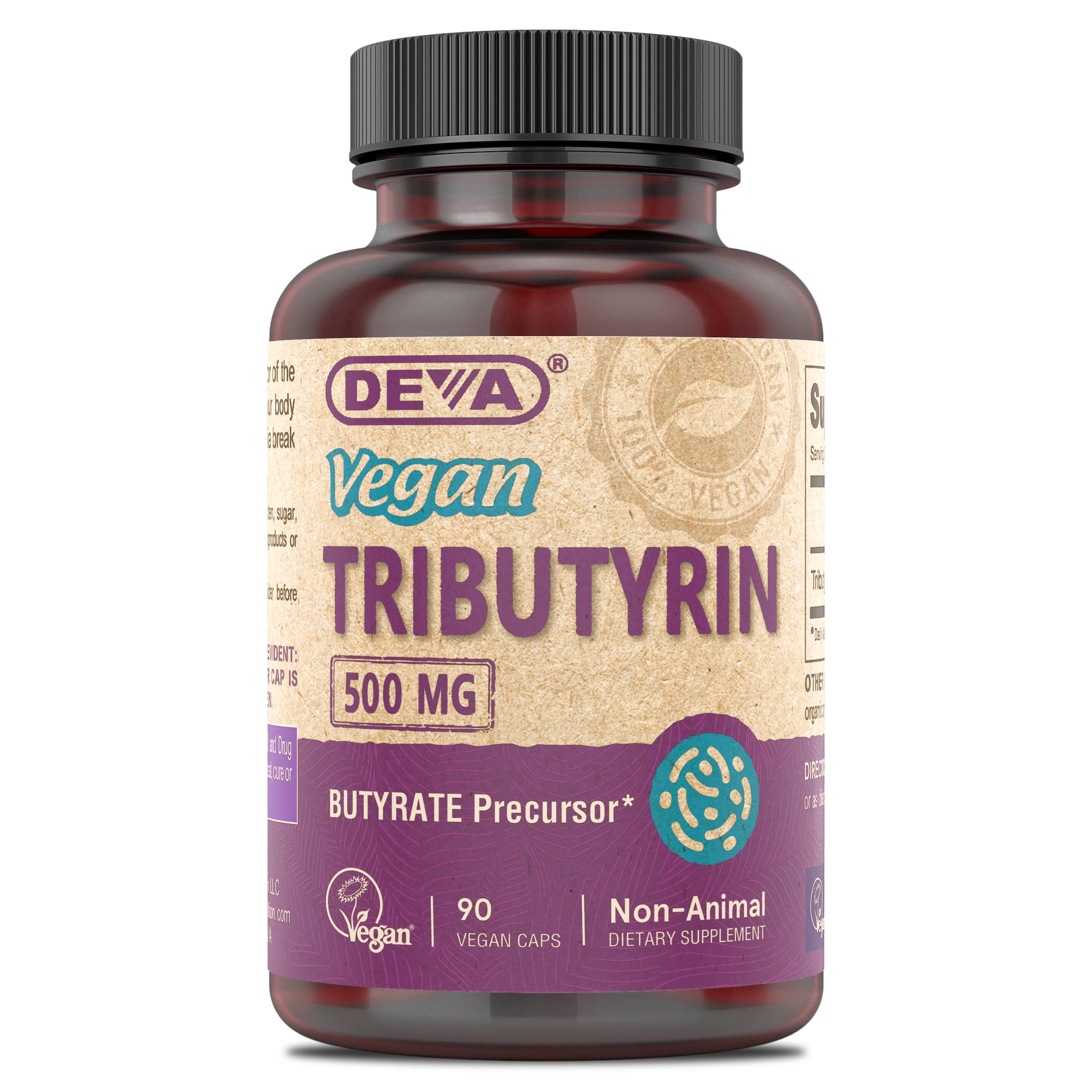 DEVA Tributyrin bottle front with vegan certification signaling gut support potential.