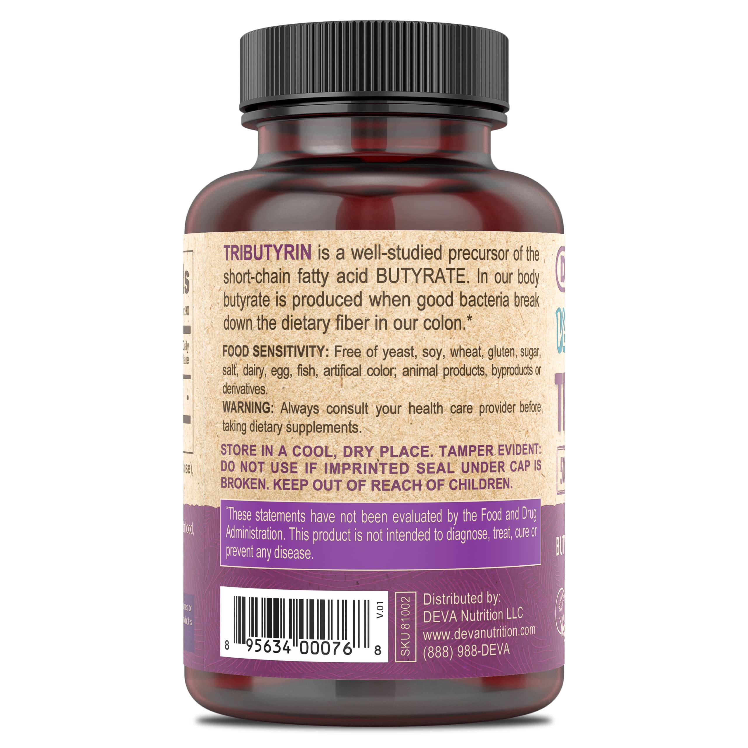 DEVA Tributyrin capsules close-up showing smooth daily-use texture.