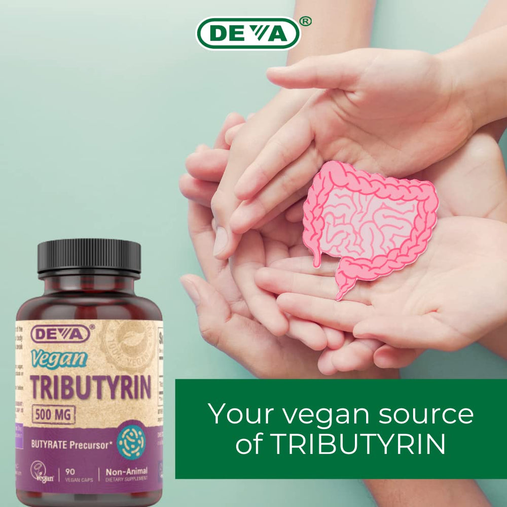 DEVA Tributyrin bottle beside daily vegan routine