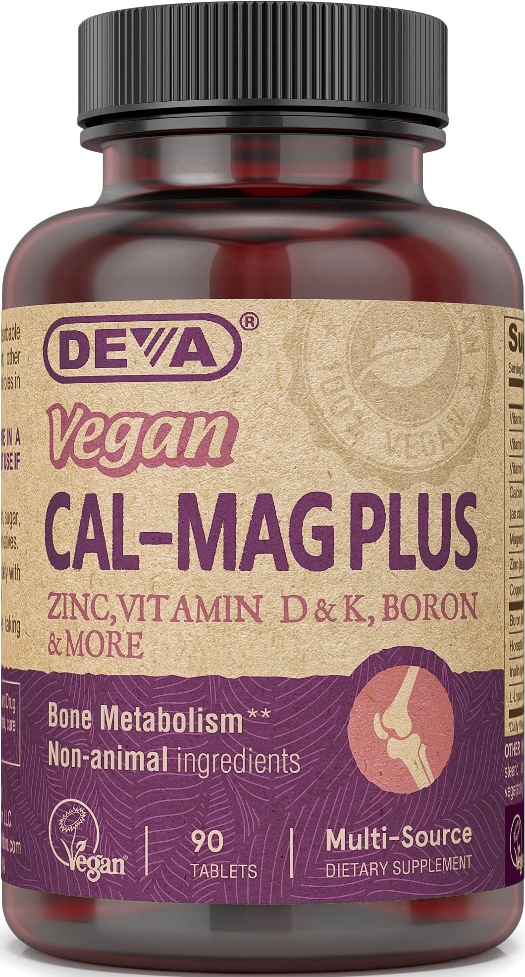 DEVA vegan calcium magnesium supplement bottle showing vegan-friendly minerals for bone support