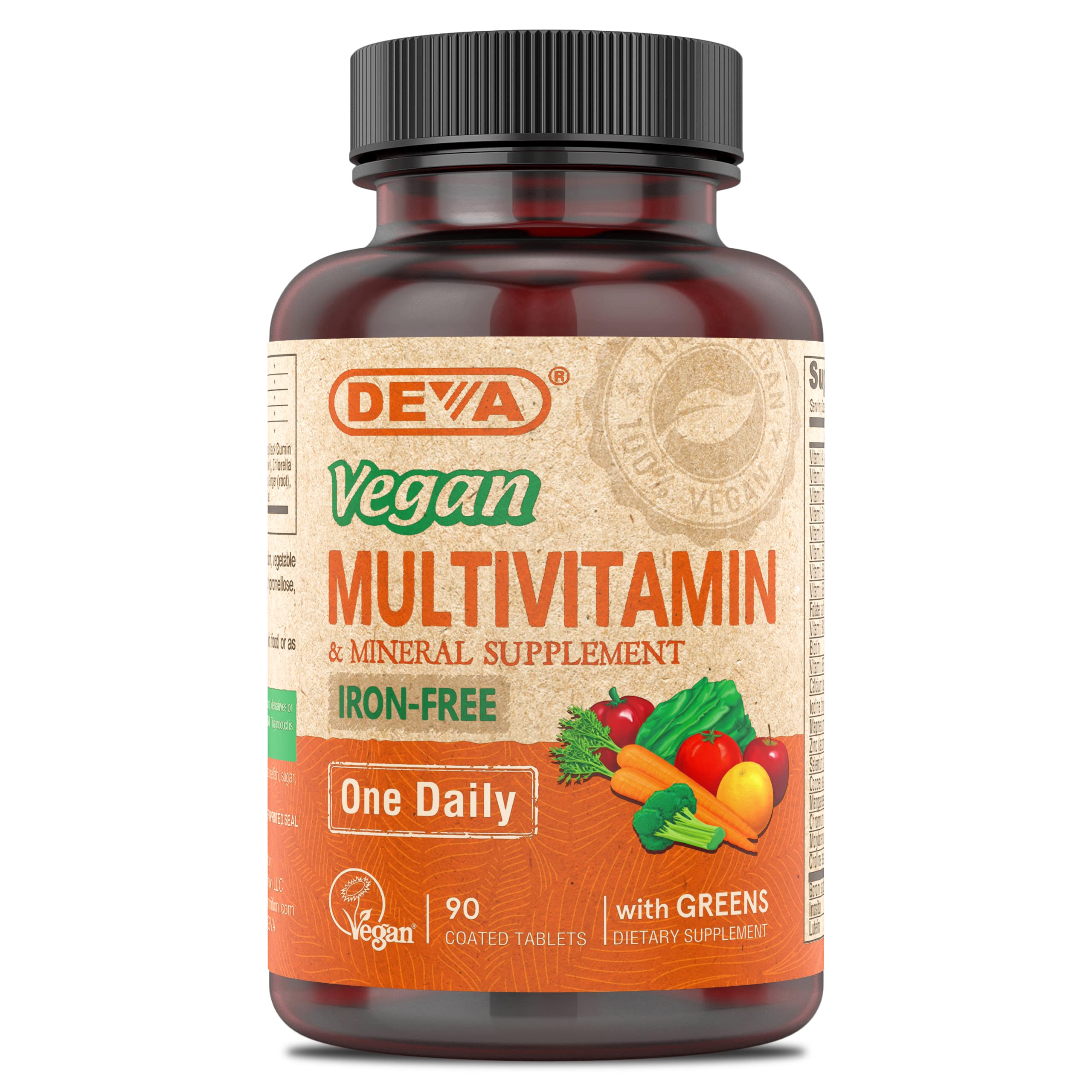 DEVA Vegan Iron-Free Multivitamin bottle front shows vegan label and daily vegan nutrition.