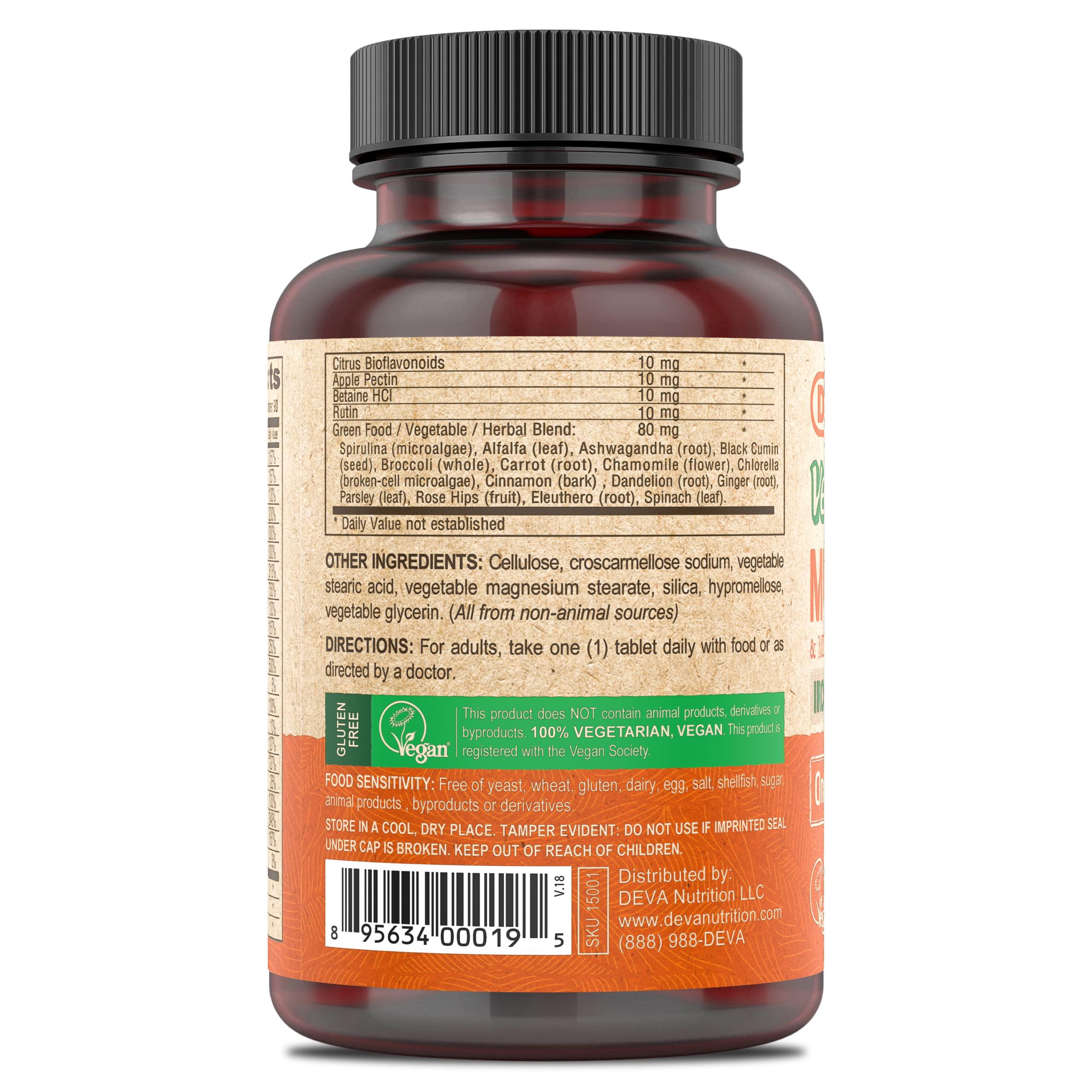 DEVA Vegan Iron-Free Multivitamin green-food blend image with spirulina and chlorella offers nutrition support.