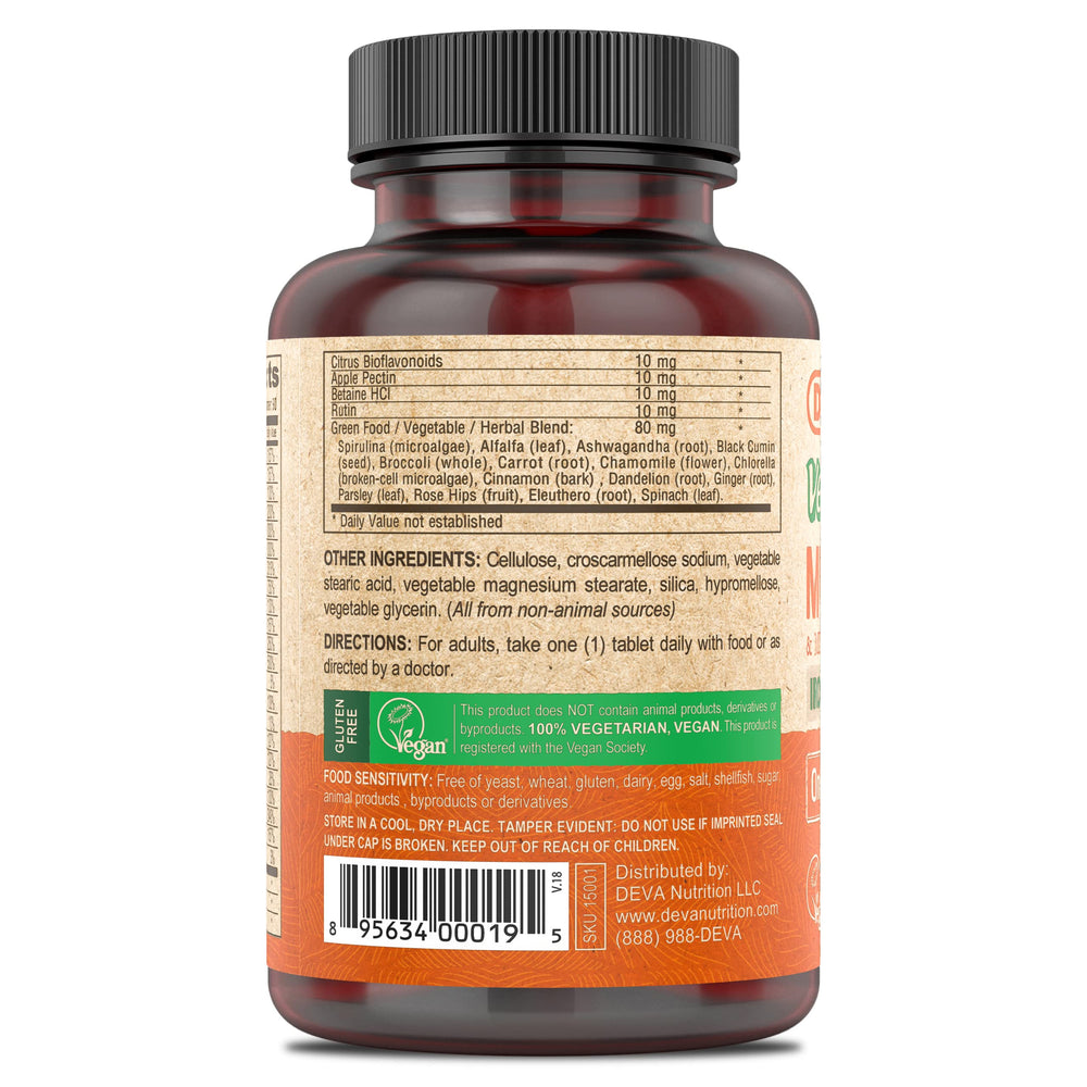 DEVA Vegan Iron-Free Multivitamin green-food blend image with spirulina and chlorella offers nutrition support.