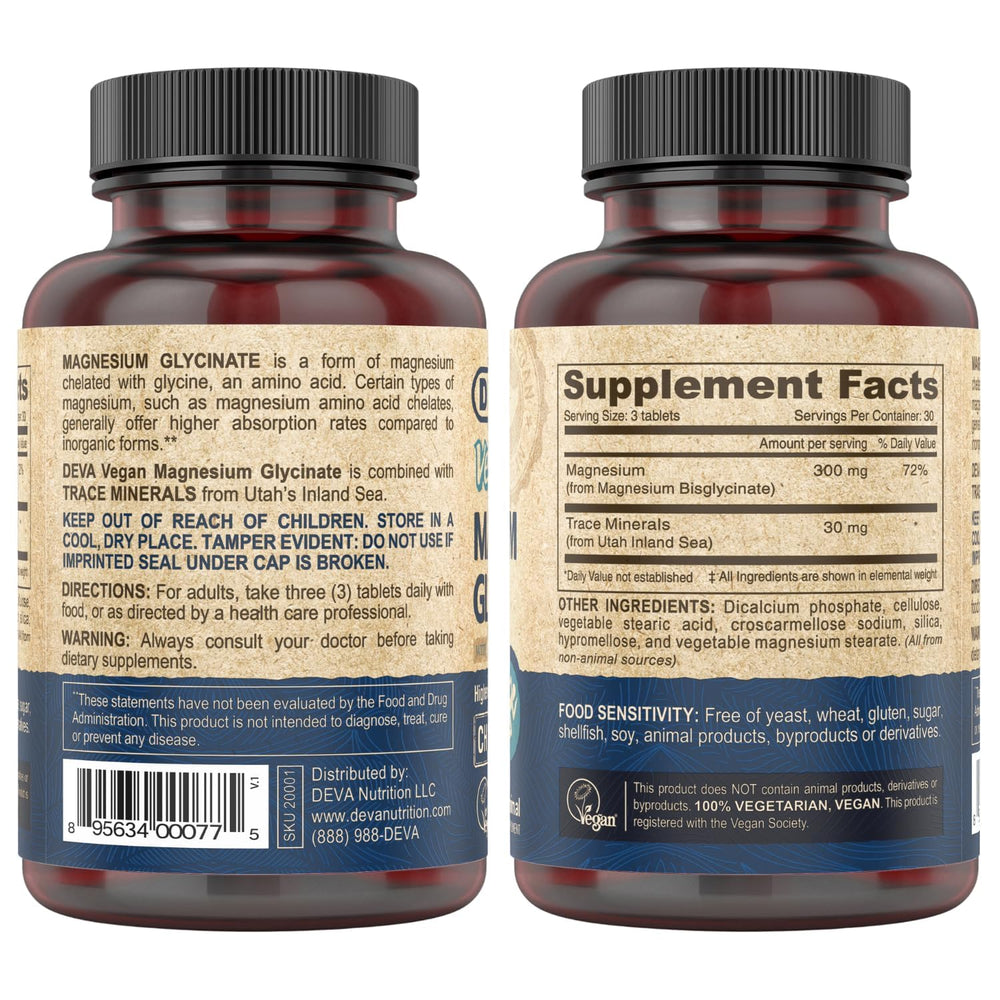 DEVA Magnesium Glycinate label highlights chelated, high absorption
