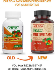 DEVA vegan multivitamin bottle side shows daily dosage guidance.