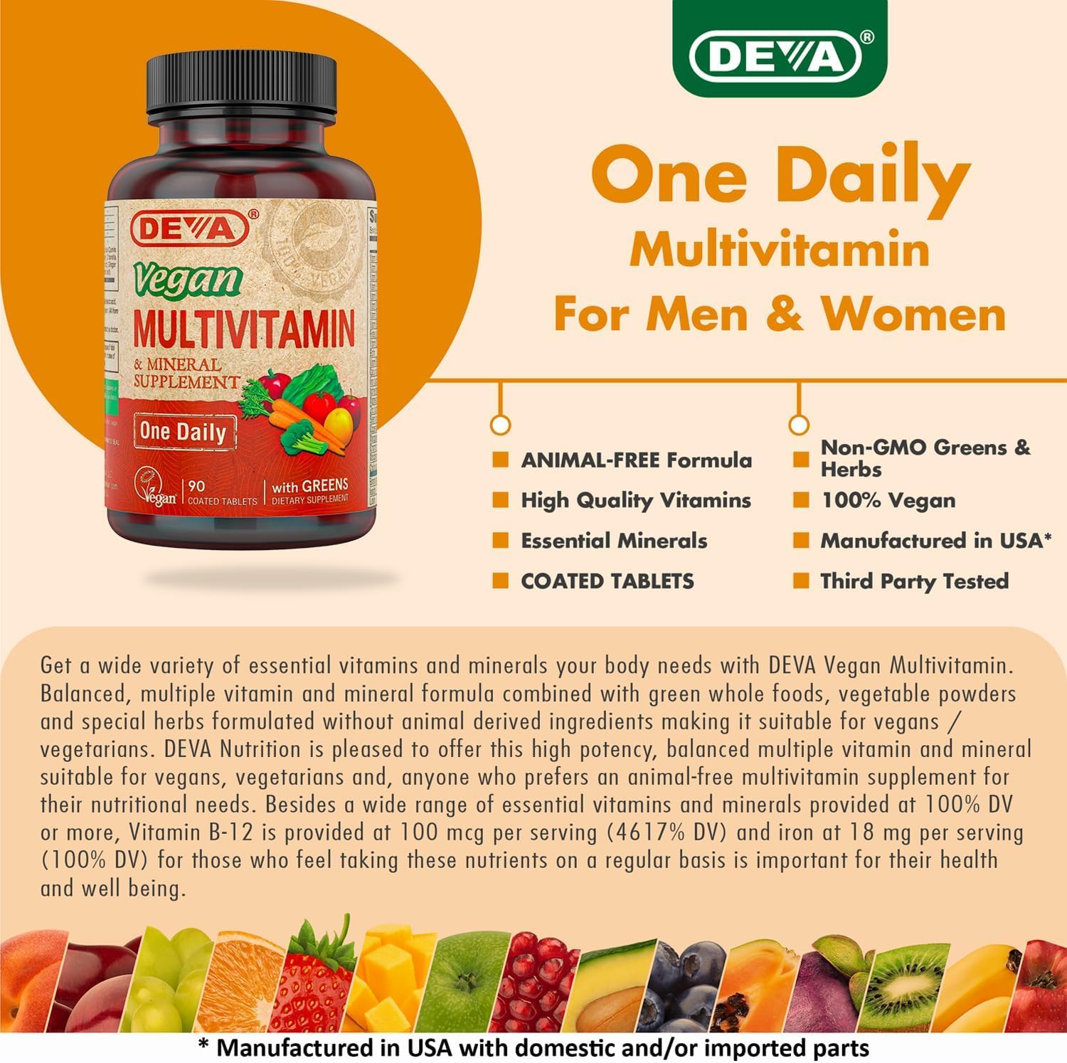 DEVA vegan multivitamin bottle top shows label details.
