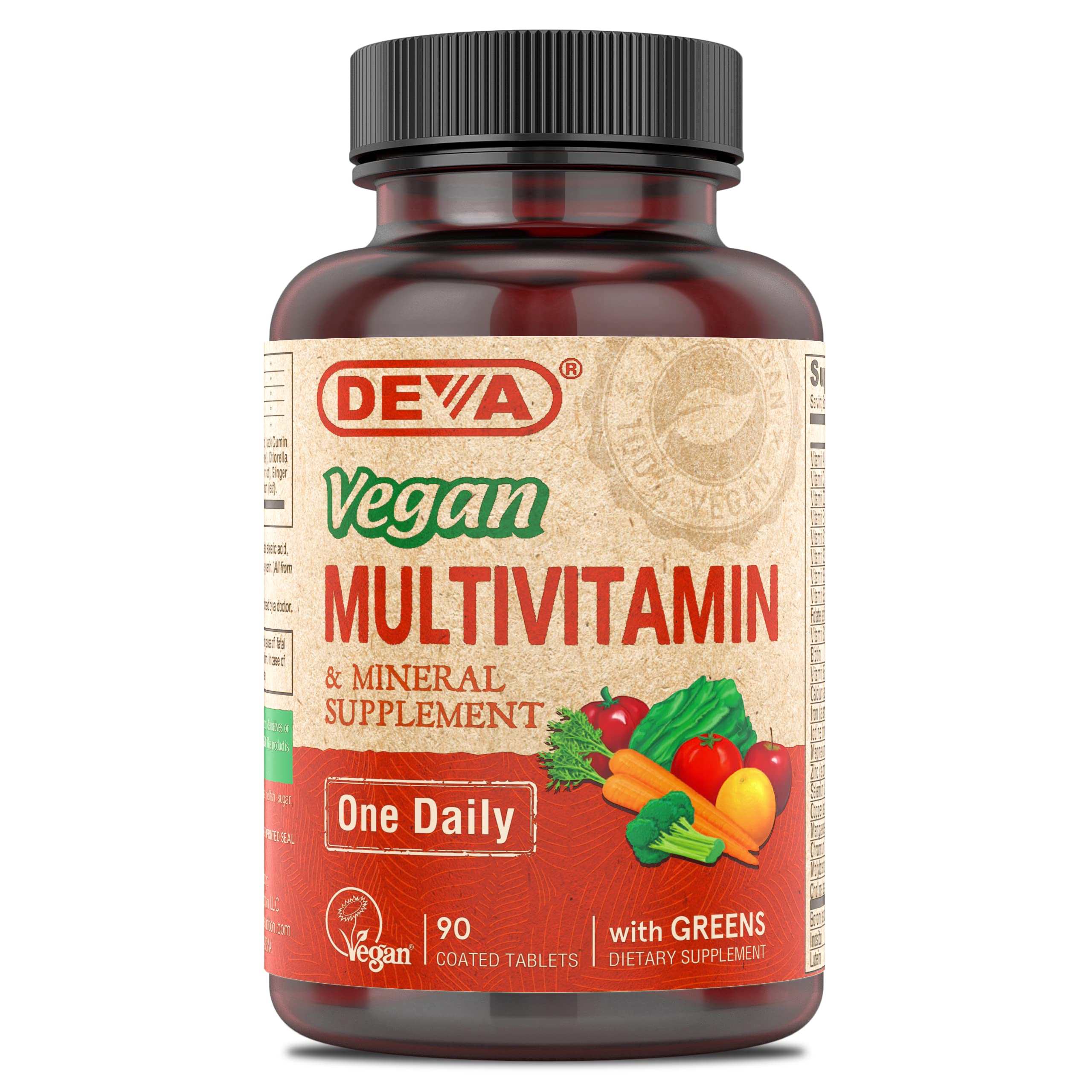 DEVA vegan multivitamin greens bottle front for daily nutrition.