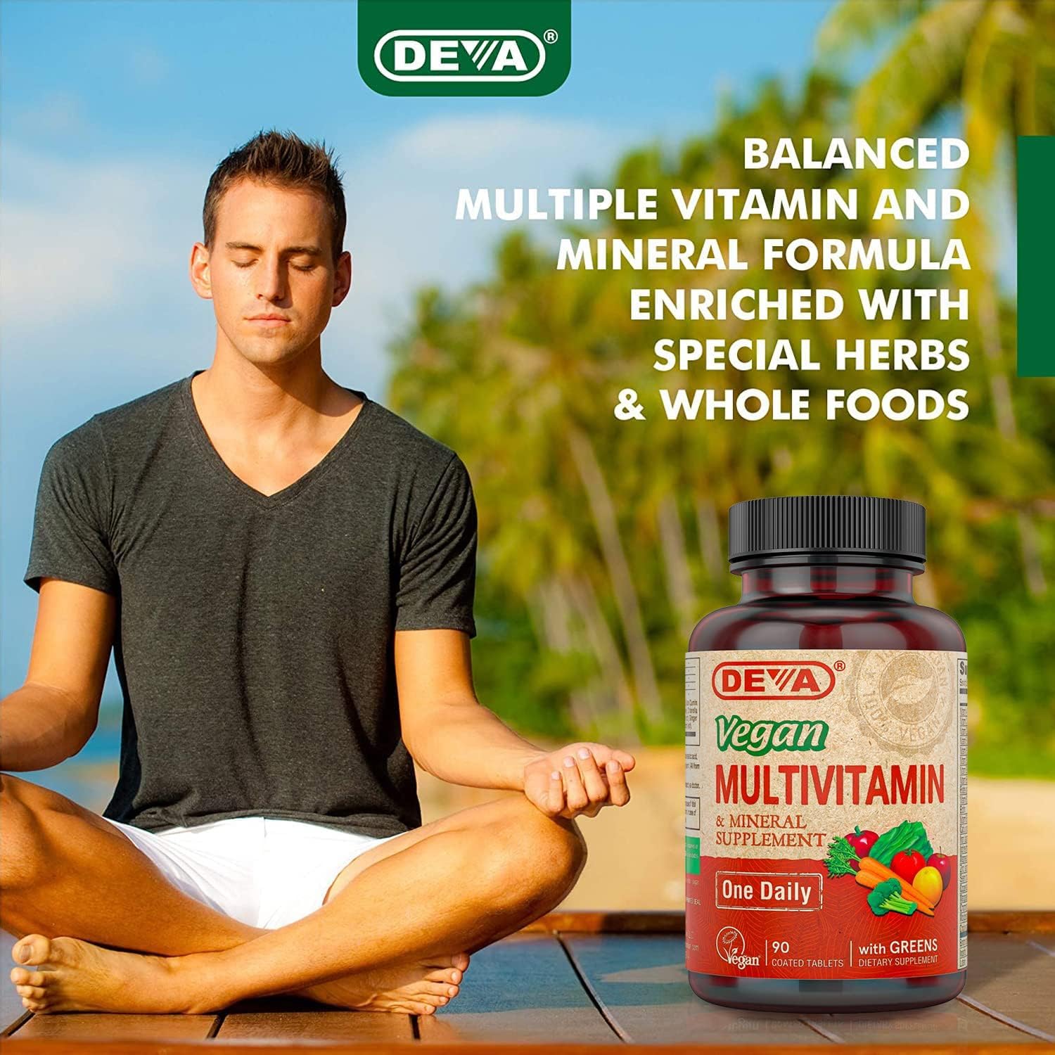 DEVA vegan multivitamin nutrition facts panel highlights daily nutrients.