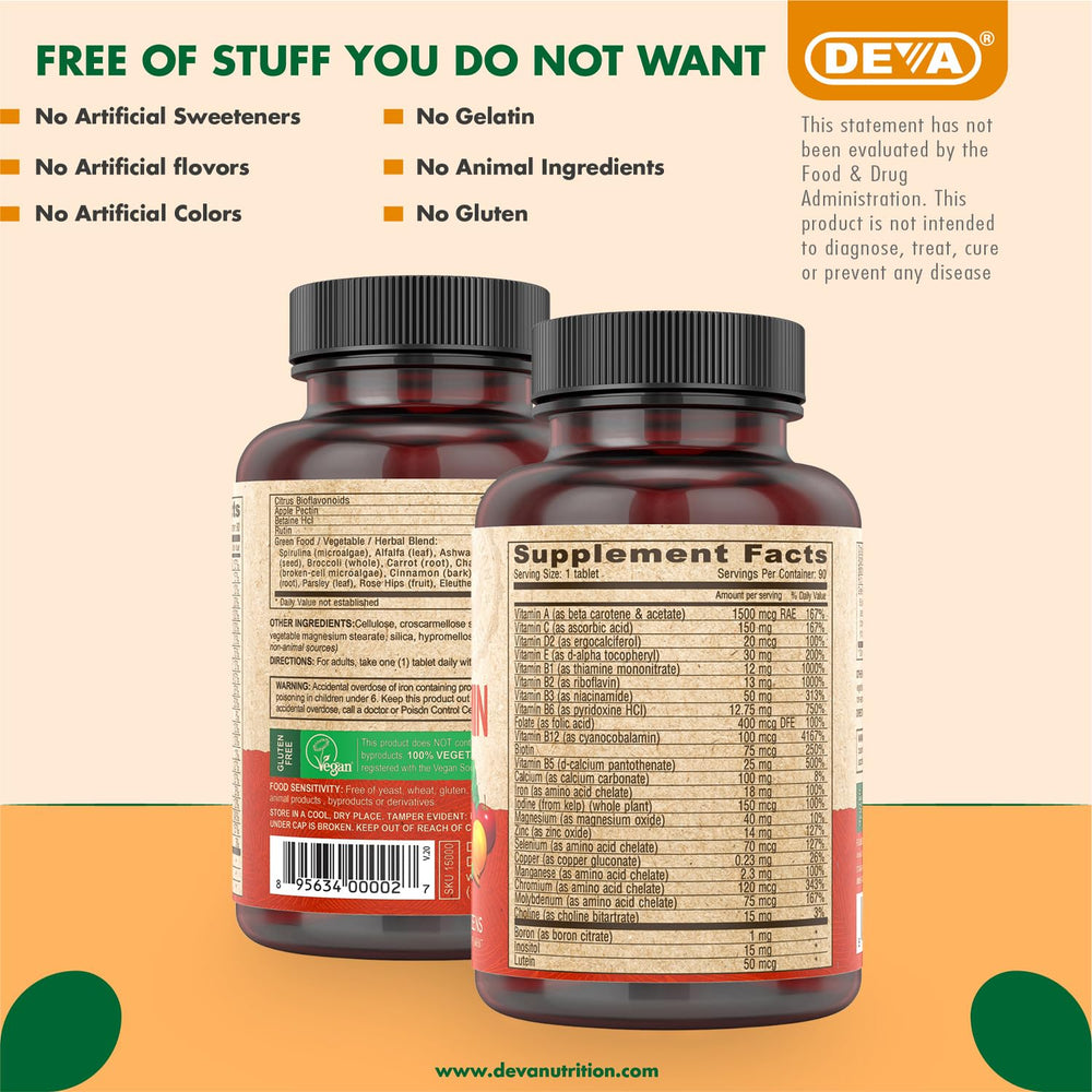 Shelf display of DEVA vegan multivitamin emphasizes packaging and value