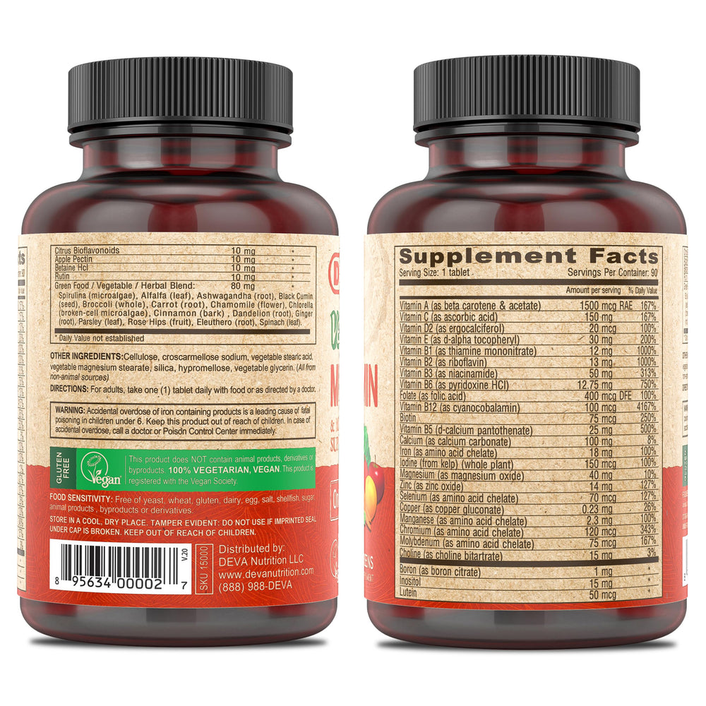 Close-up of DEVA vegan multivitamin tablets with coated finish