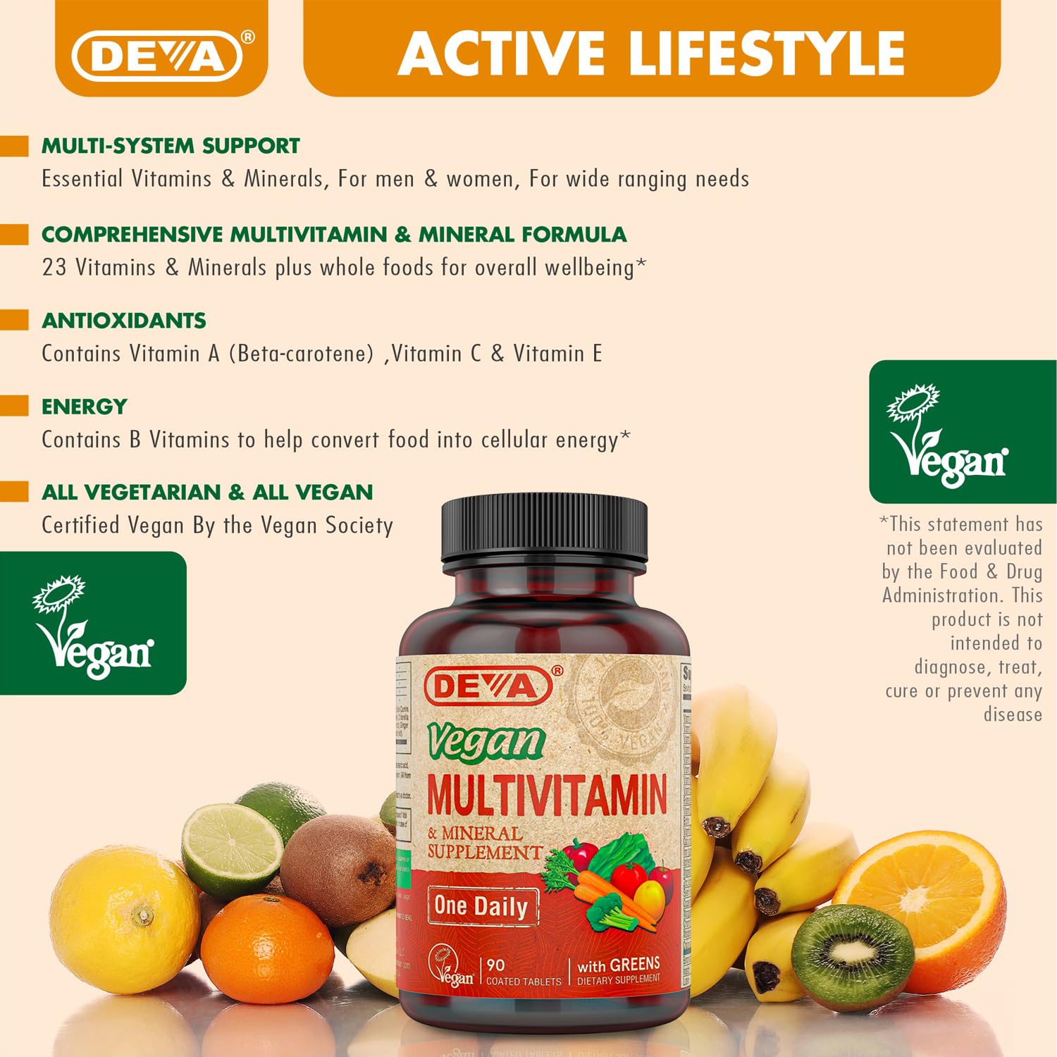 Top view of DEVA vegan multivitamin bottle and tablets inside