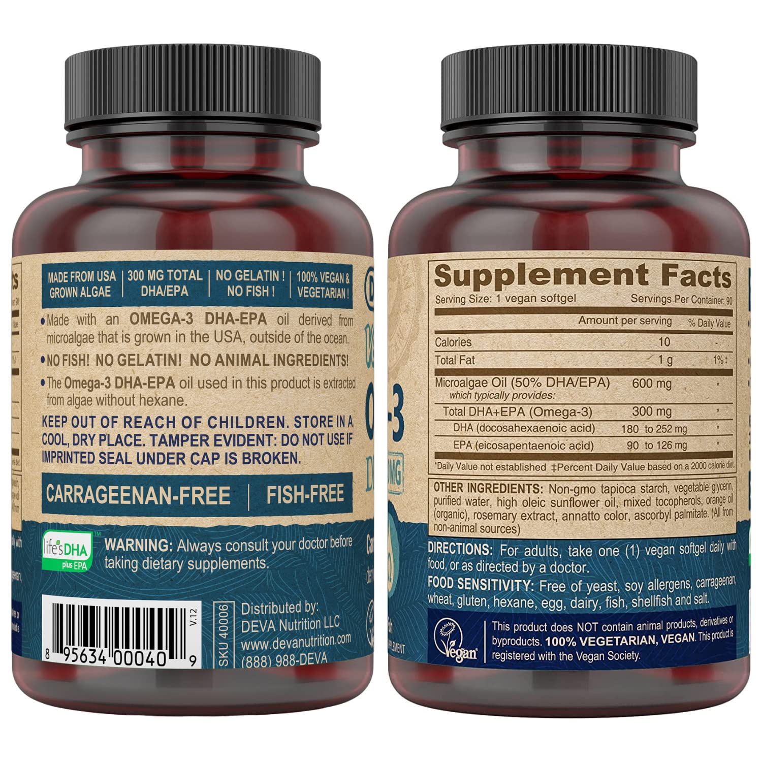 DEVA vegan omega-3 softgels close-up highlights algae oil source