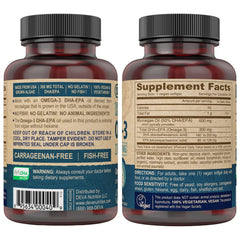 DEVA vegan omega-3 softgels close-up highlights algae oil source