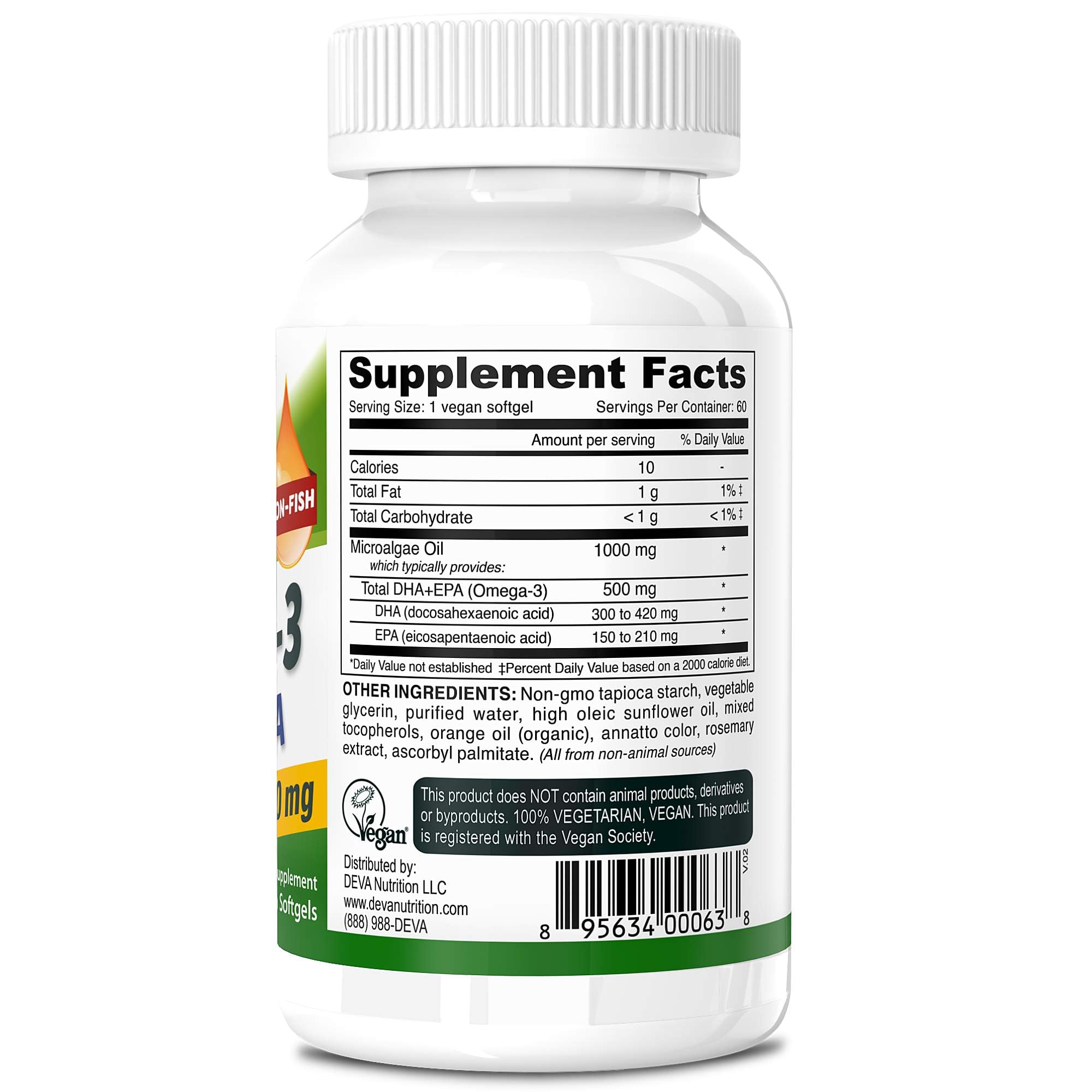 DEVA vegan omega-3 softgels closeup highlights gelatin-free, carrageenan-free capsules.