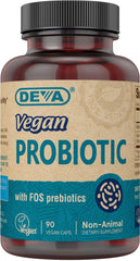 DEVA Vegan Probiotic bottle with capsules for daily gut support.