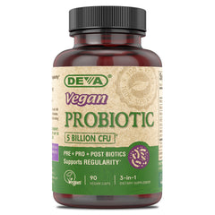 DEVA Vegan Probiotic bottle on kitchen counter suggesting daily digestive balance and comfort