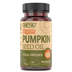 DEVA vegan pumpkin seed oil bottle shows cold-pressed purity for daily wellness.