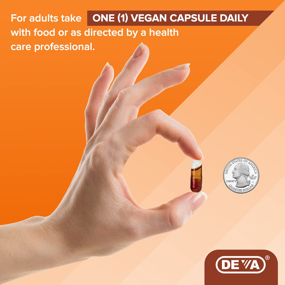 DEVA vegan pumpkin seed oil bottle on shelf indicating USA-made quality.