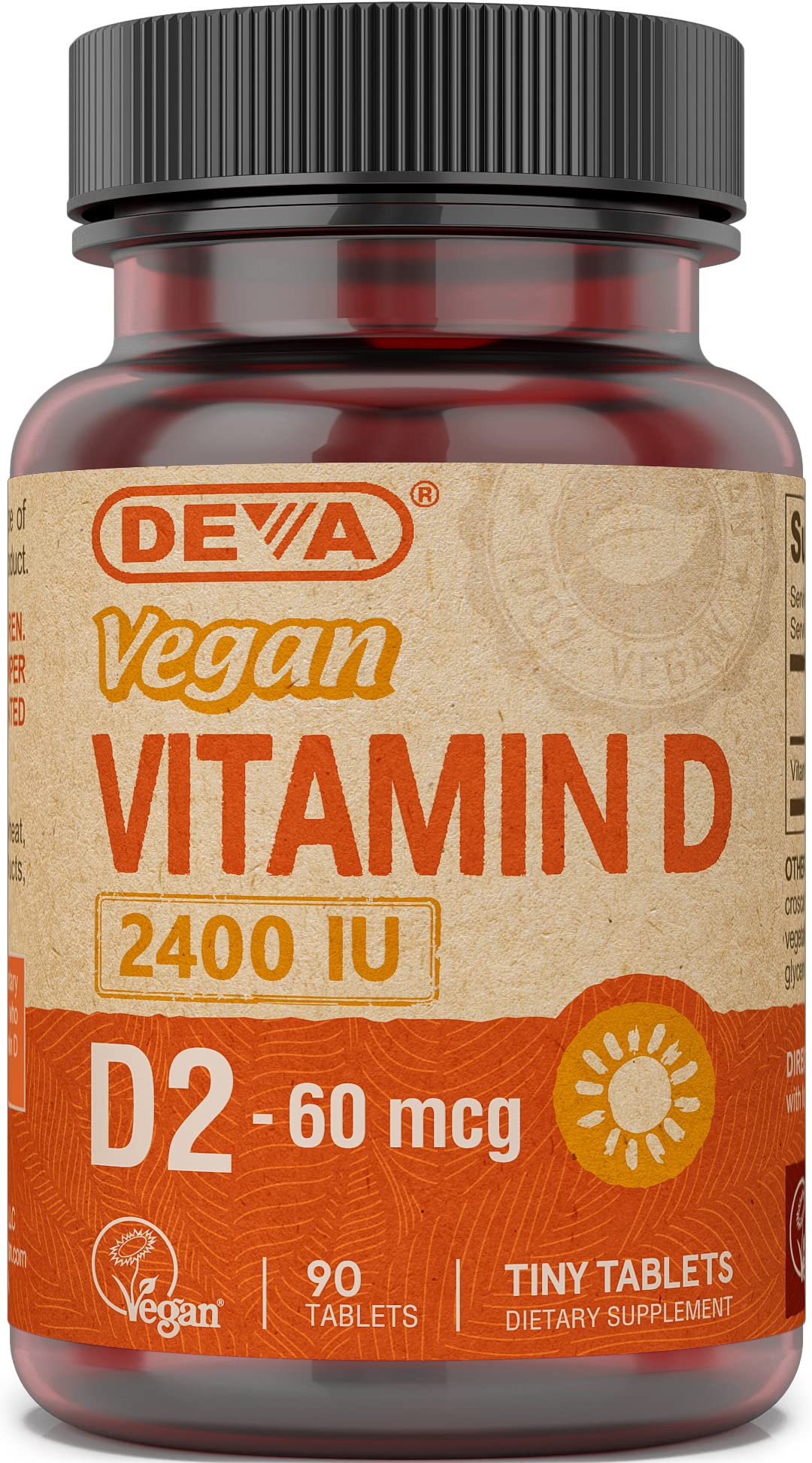 DEVA Vitamin D2 bottle and tablets for vegan daily sun-limited support.