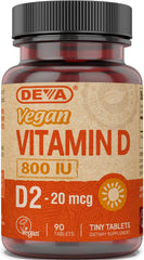 DEVA Vegan Vitamin D2 800 IU tablets arranged for daily bone support.