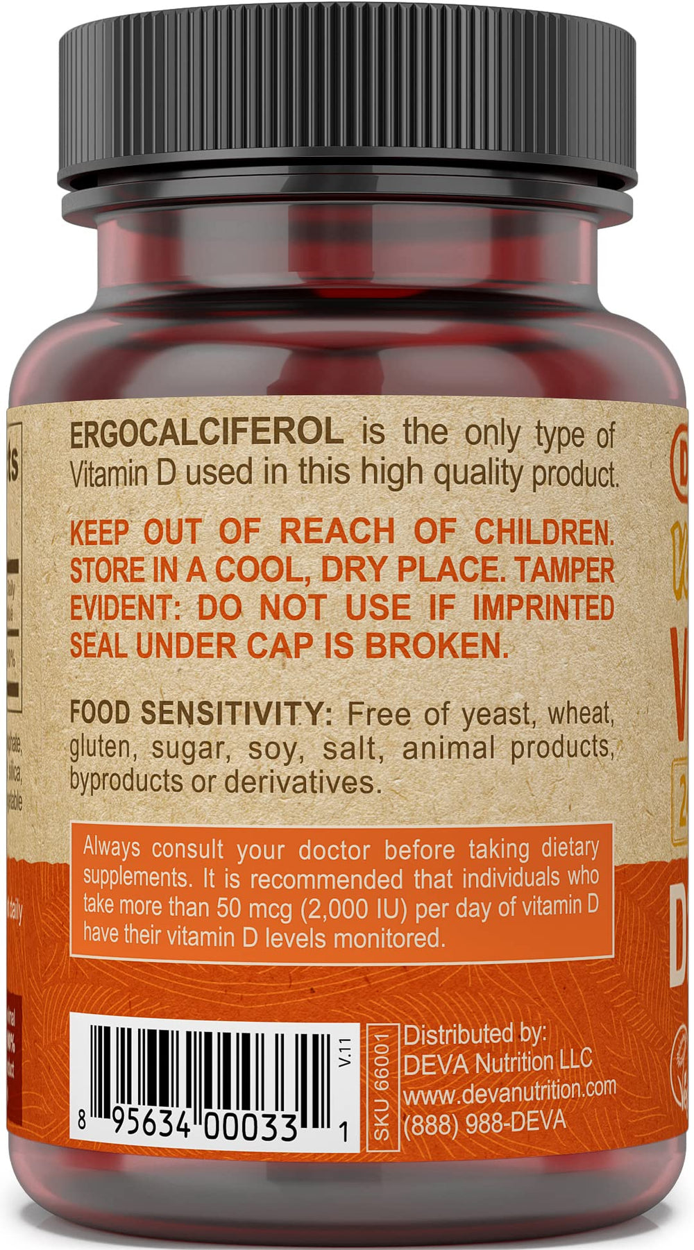 DEVA Vitamin D2 packaging showing vegan certification and potency.