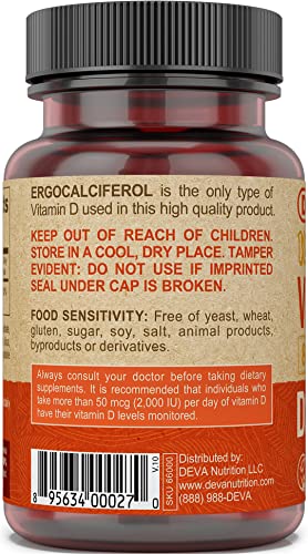 DEVA Vitamin D2 bottle label highlights Vegan Society certification and no animal ingredients.