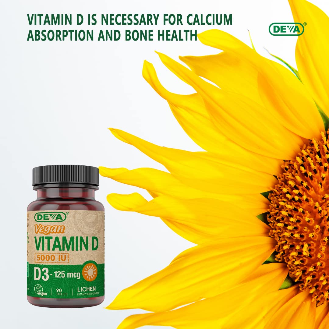 Amber DEVA Vitamin D3 bottle on a bright kitchen shelf.
