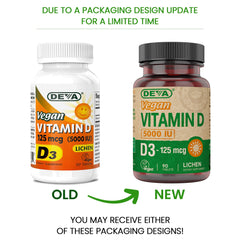 DEVA Vitamin D3 5000 IU bottle front label highlights vegan certification.