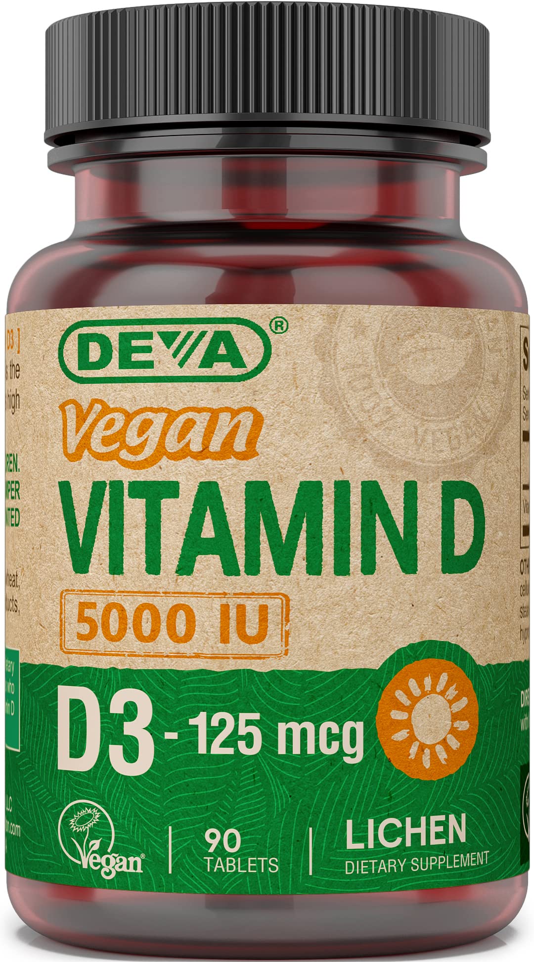 DEVA Vitamin D3 5000 IU bottle showcases vegan, plant based D3.