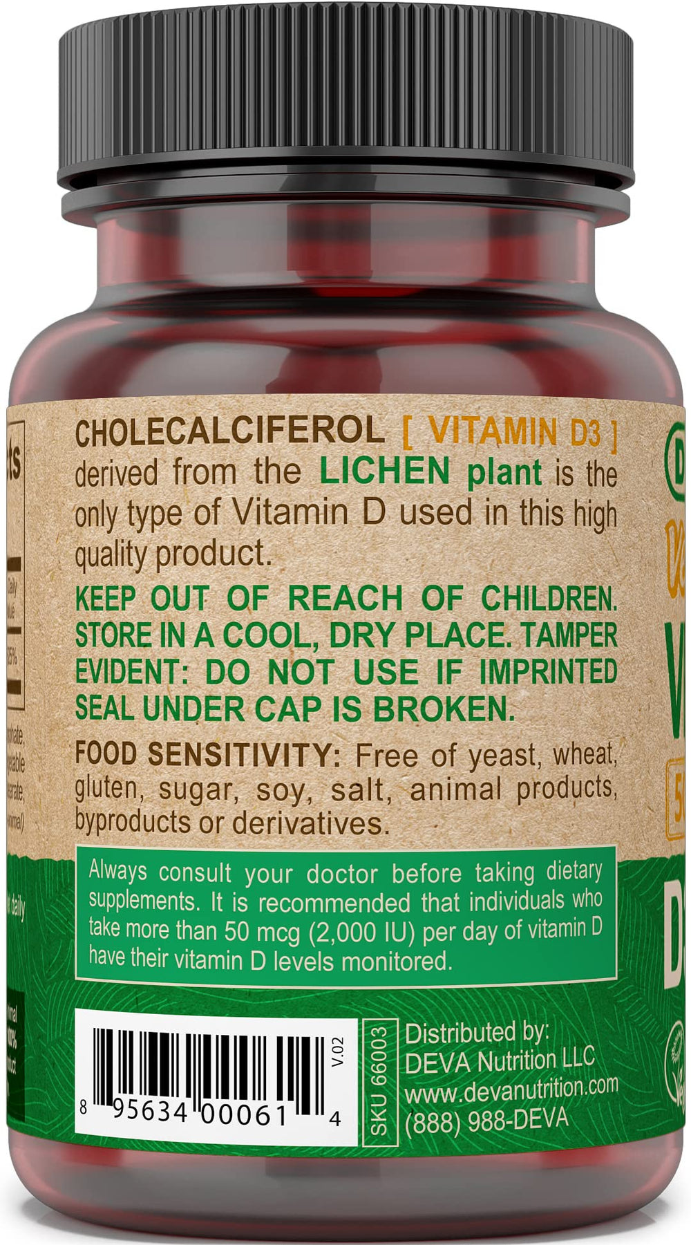 DEVA Vitamin D3 5000 IU softgels ready for daily vegan intake.