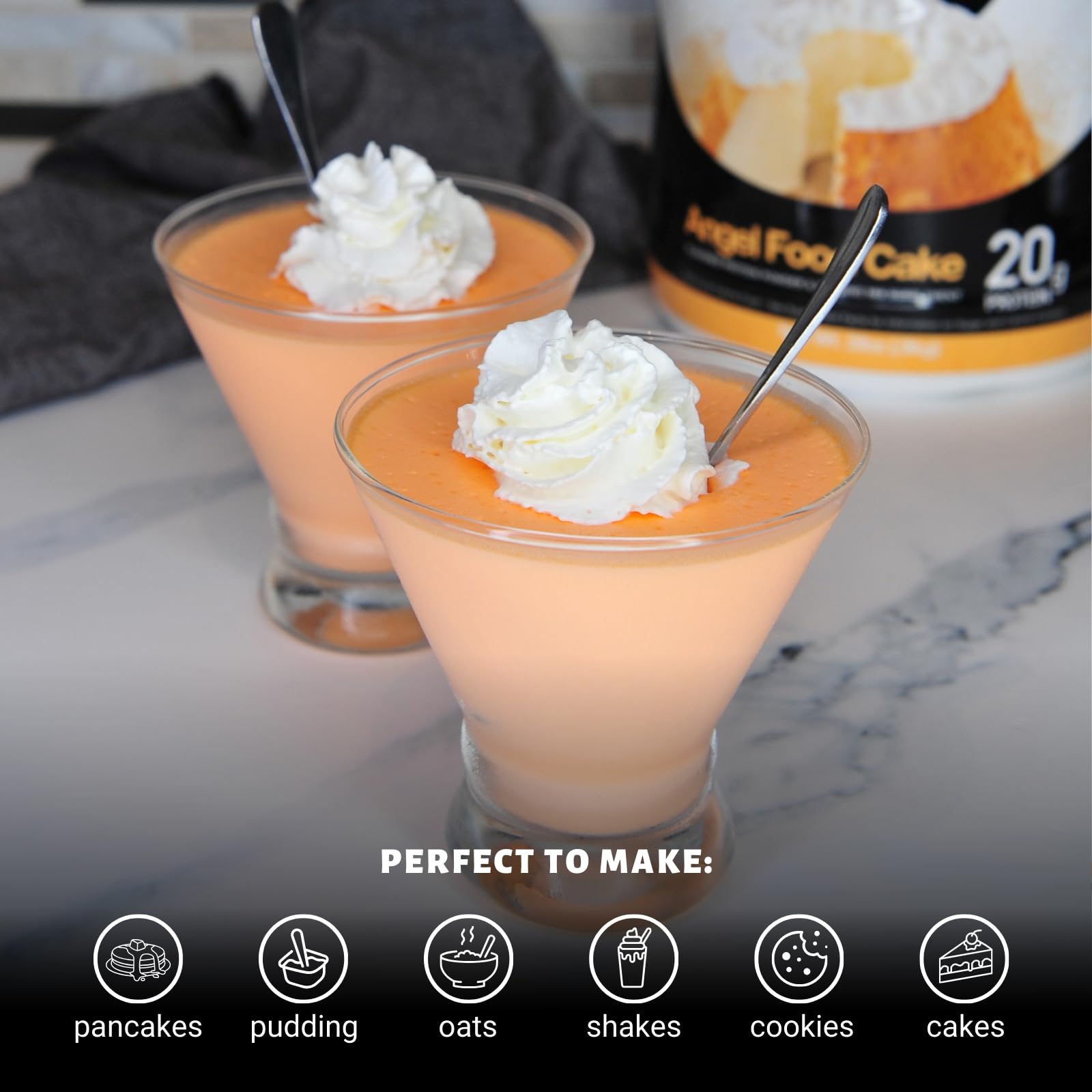 Shake glass filled with Angel Food Cake protein powder shake