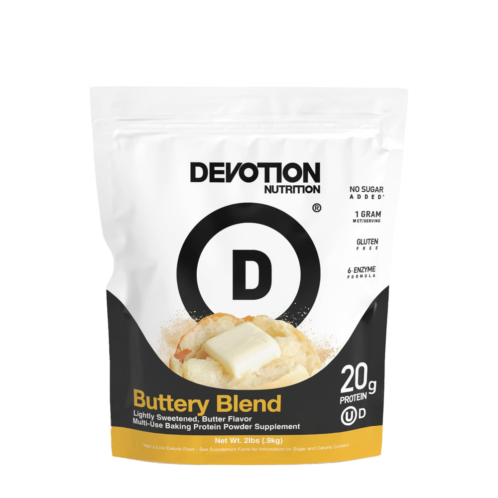 Devotion Nutrition Buttery Blend protein tub close-up label for easy post-workout fueling
