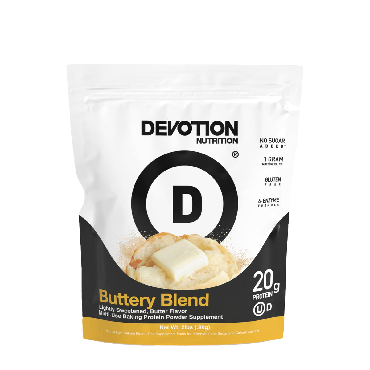 Devotion Nutrition Buttery Blend protein tub close-up label for easy post-workout fueling