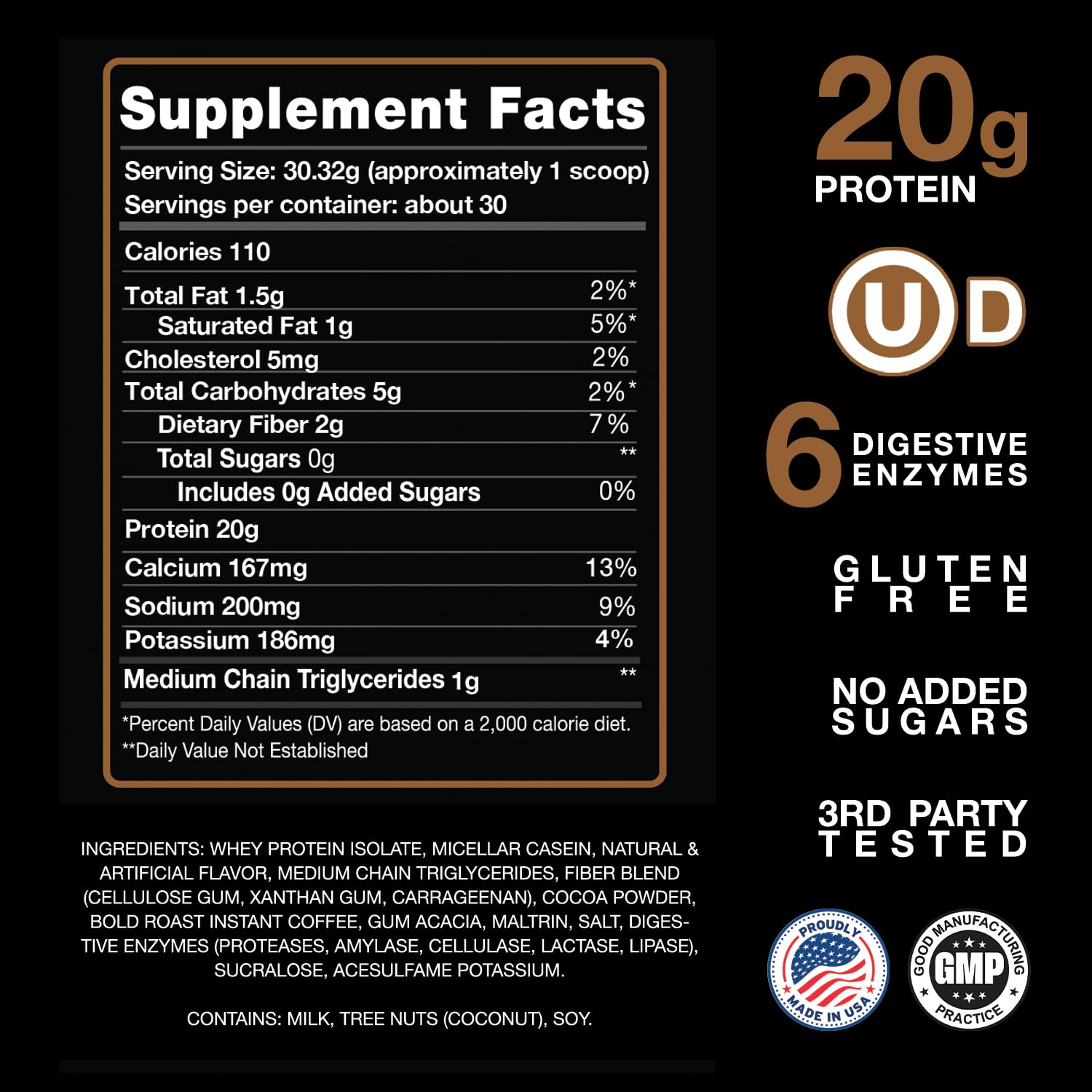 Devotion Nutrition Mocha Java Chip ingredients panel – whey isolate and micellar casein blend.