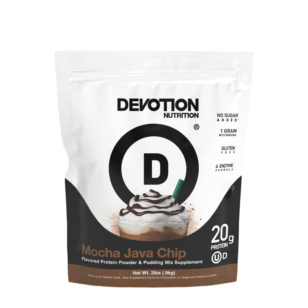 Devotion Nutrition Mocha Java Chip tub front – ideal for active lifestyle protein.