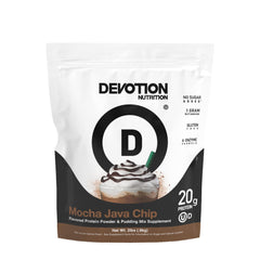 Devotion Nutrition Mocha Java Chip tub front – ideal for active lifestyle protein.