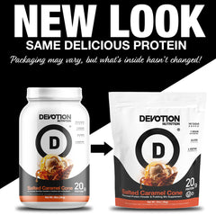 Devotion Nutrition protein scoop pouring into a glass for a smooth shake
