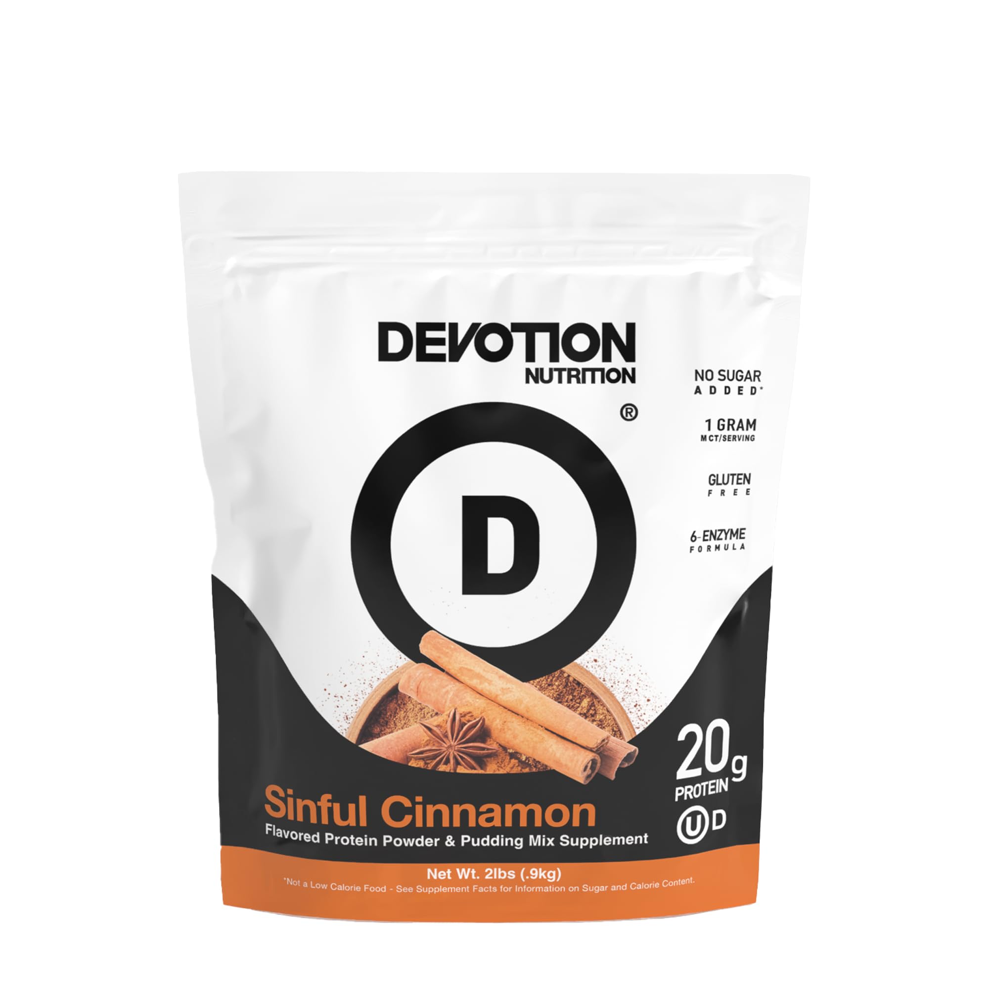Devotion Nutrition Sinful Cinnamon protein powder tub with scoop, perfect for keto-friendly shakes.