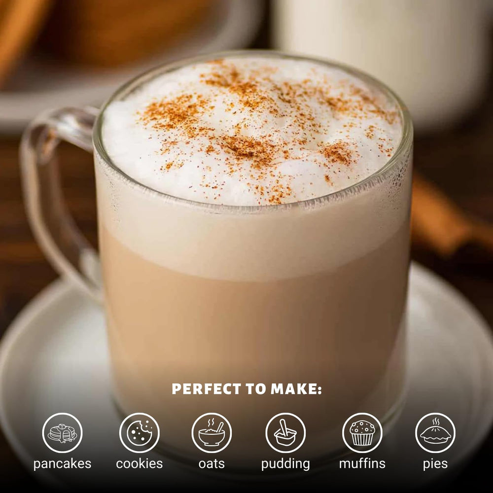 A kitchen scene demonstrates baking versatility with Sinful Cinnamon protein powder.