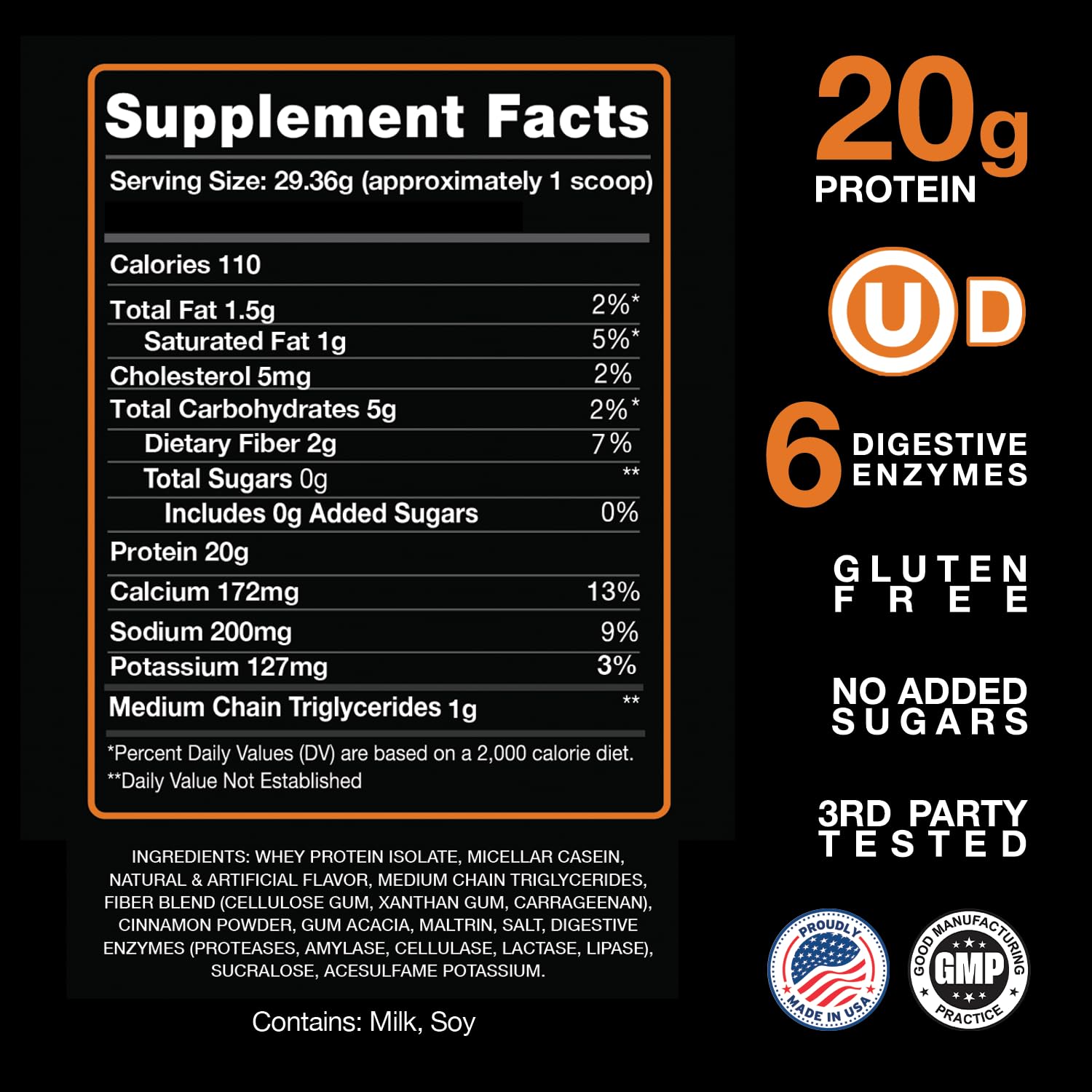 Close-up of Devotion Nutrition Sinful Cinnamon blend featuring whey isolate and micellar casein for sustained protein.