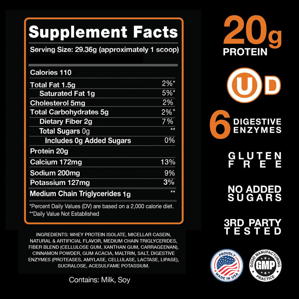 Close-up of Devotion Nutrition Sinful Cinnamon blend featuring whey isolate and micellar casein for sustained protein.