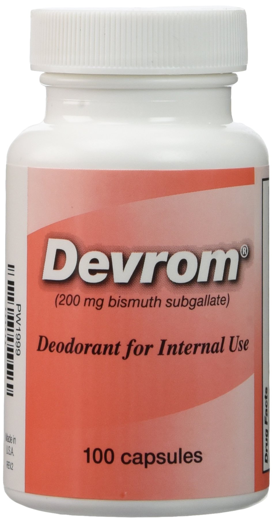 Devrom internal deodorant capsules bottle on counter, supports discreet odor management after meals