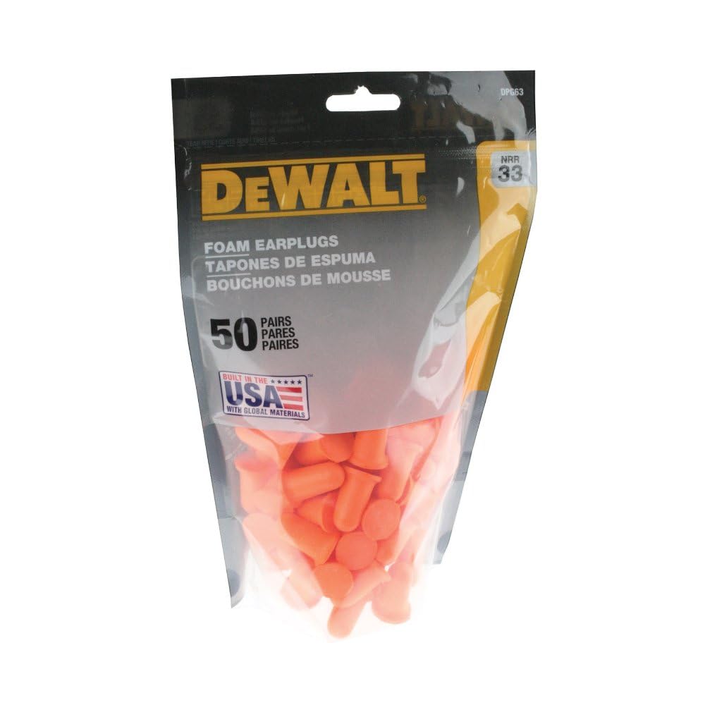 DEWALT bell-shaped foam earplugs offer a secure fit with high noise reduction.
