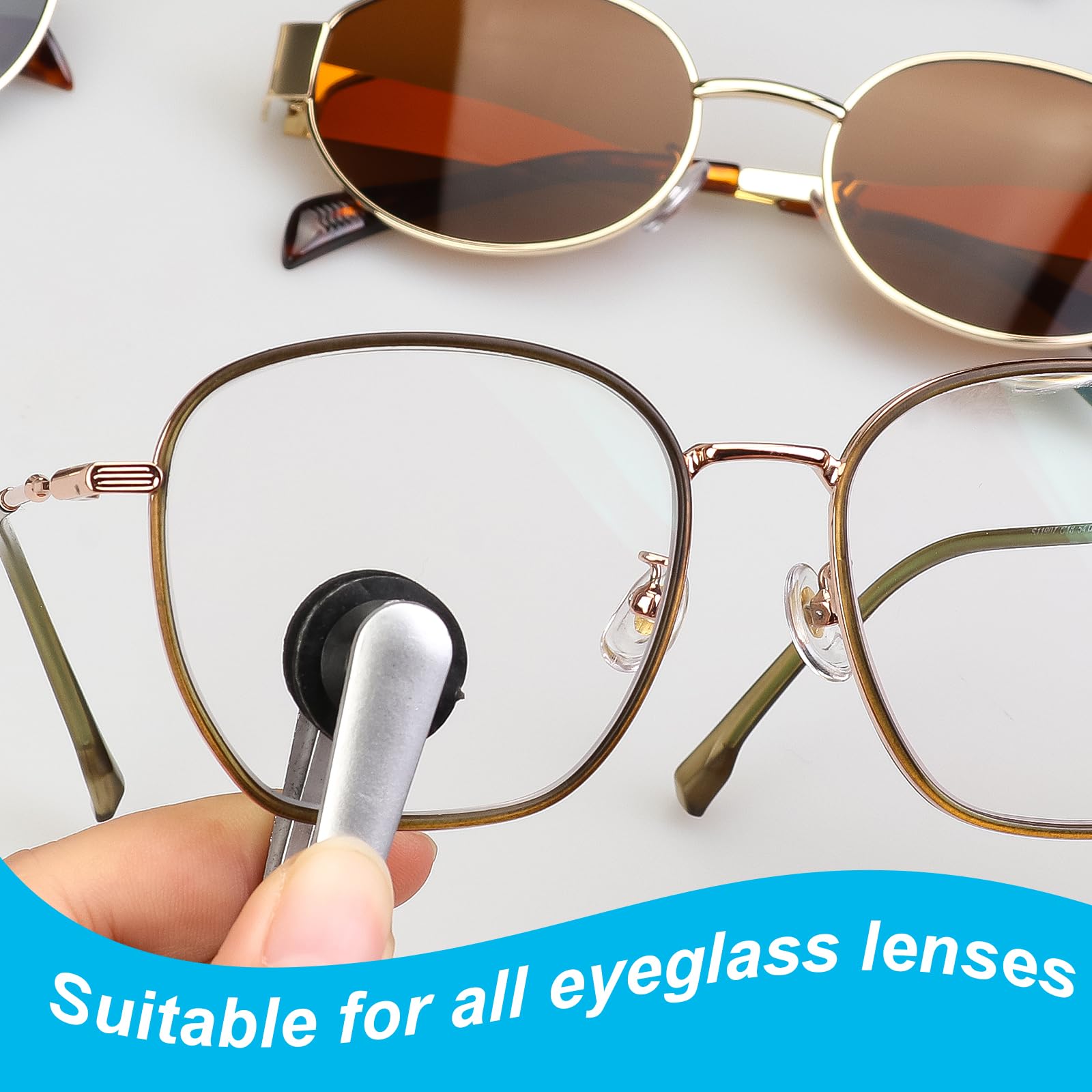 Compact replacement pad shown next to glasses for portable cleaning.