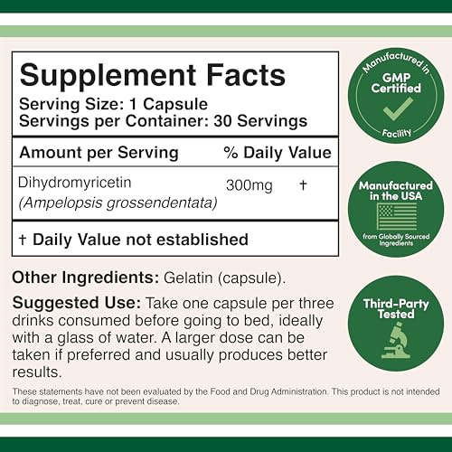 DHM Depot Dihydromyricetin capsules close-up showing 300mg dose for consistent daily intake