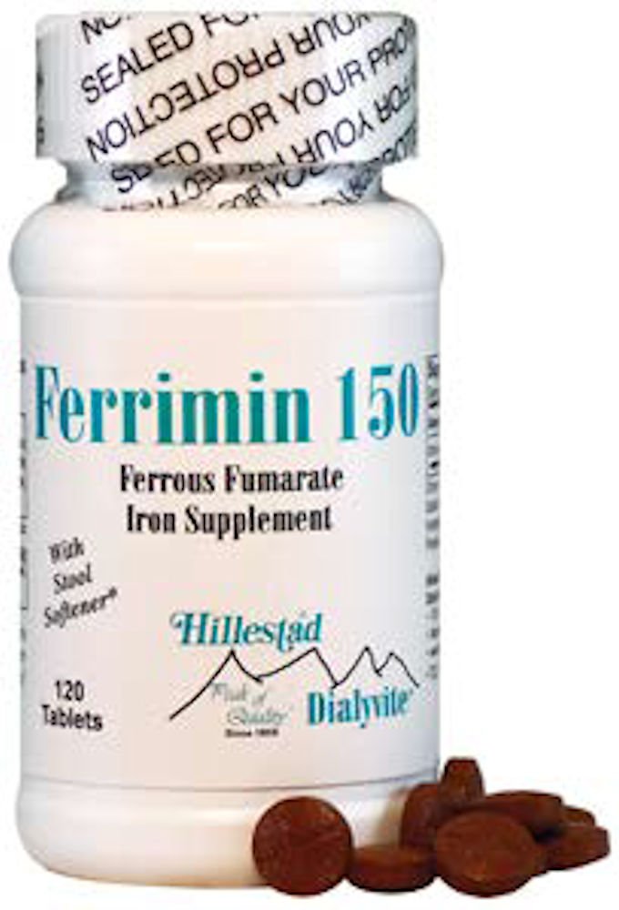Dialyvite ferrous fumarate 150 tablets in a compact bottle for daily iron support.